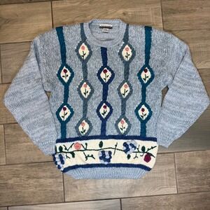 VTG American Weekend Hand Knit Sweater‎ Floral Embroidered Cottagecore Blue L